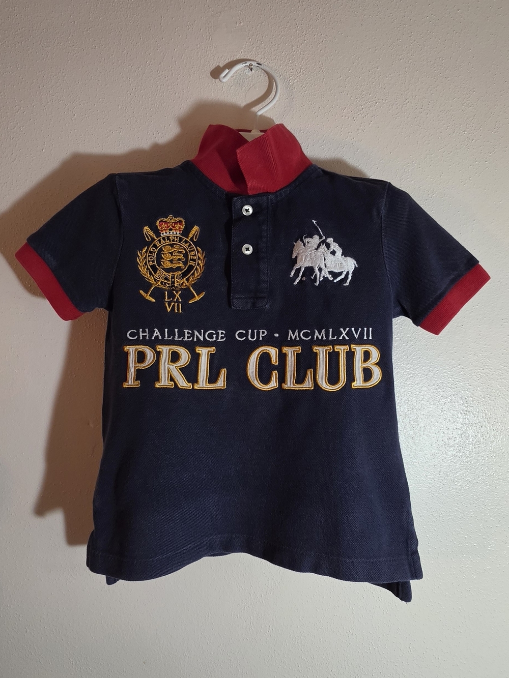 Polo by Ralph Lauren Navy Polo with Red Trim and Gold Embroidery